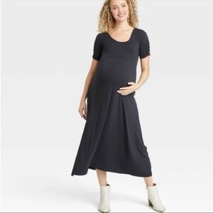 The Nines by Hatch Short Sleeve Shirred Maternity Dress Black, XS